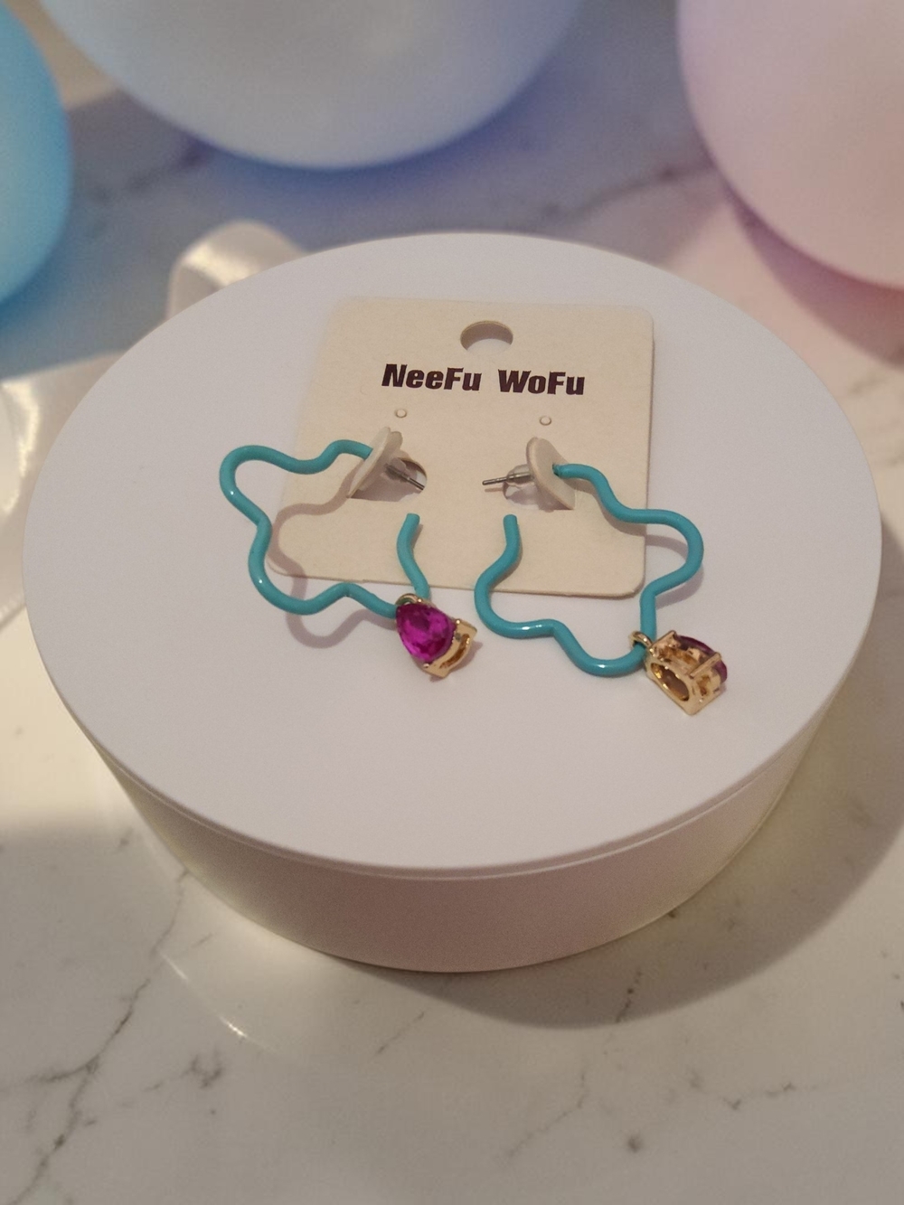 10 / $10 NeeFu WoFu Turquoise Star Hoop Earrings with Pink Gem